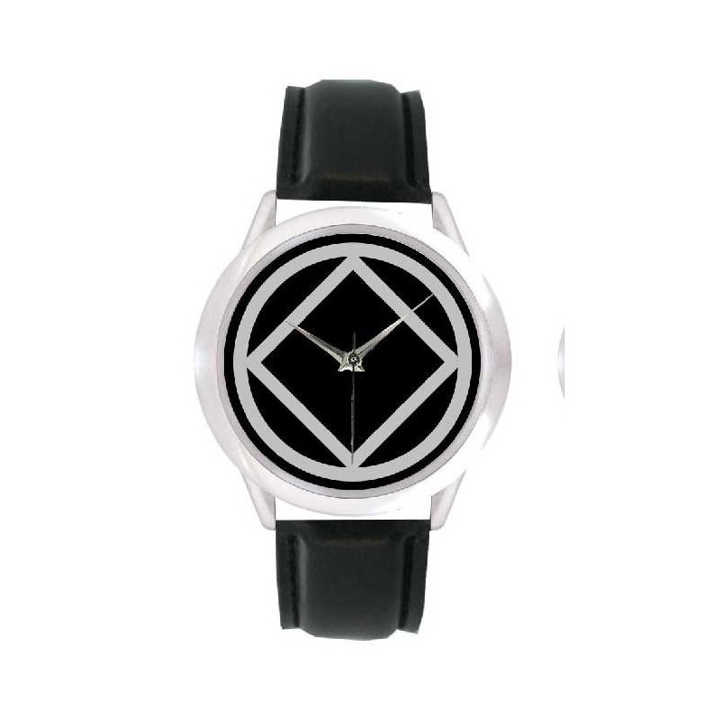 Mens Silver and Black Watch with Service Symbol and Black Leather Band