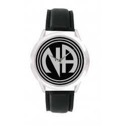 Mens Silver and Black Watch with the NA Symbol and Black Leather Band