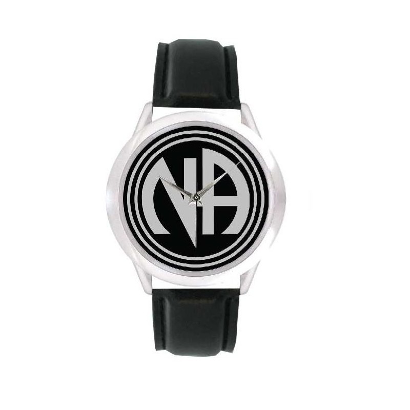 Mens Silver and Black Watch with the NA Symbol and Black Leather Band