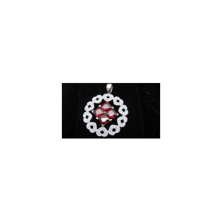 Large Hearts Service Pendant with CZ and Red Gemstones .925 Silver